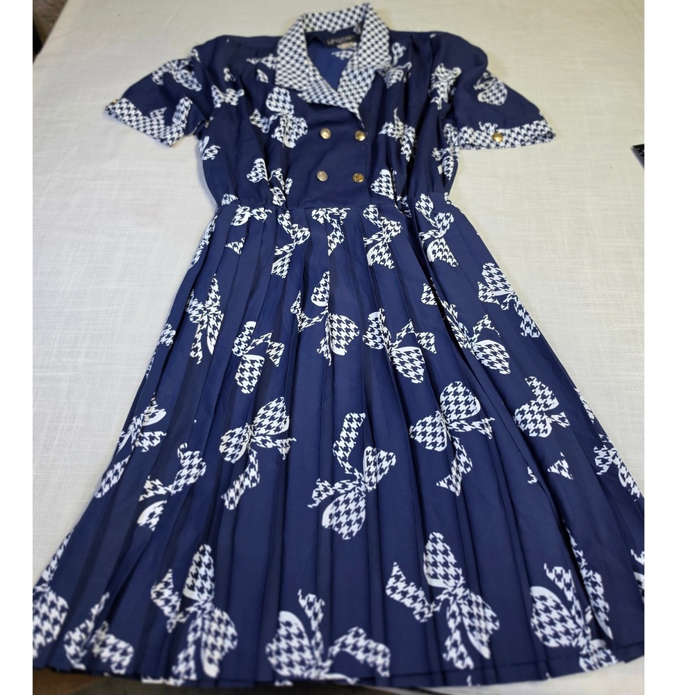 Virginie Paris Vintage Navy Blue Houndstooth Bow Pleated Midi Dress Size 3